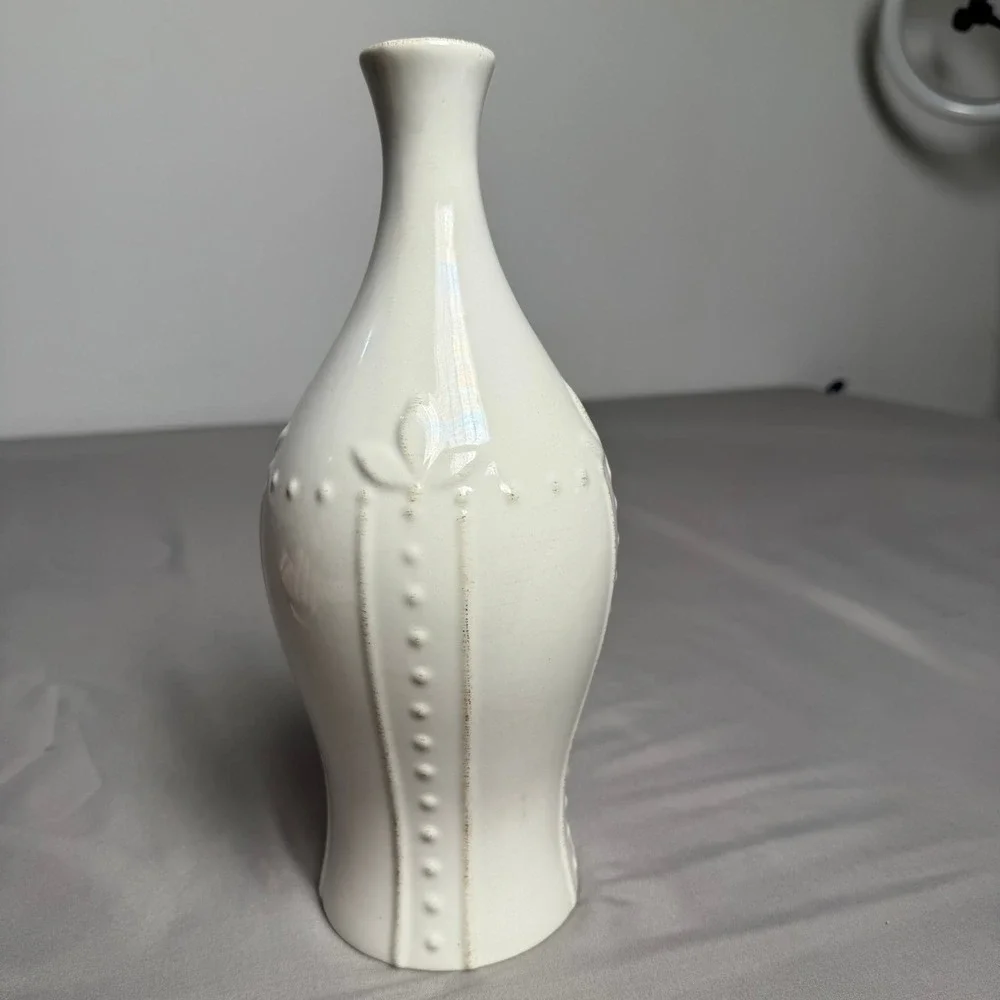 White Ceramic Bud Vase Embossed Floral Dotted Detail Iridescent Gloss 11.5 inch